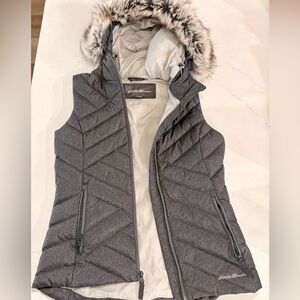 Eddie Bauer Gray Quilted Hooded Down Vest with Faux Fur Trim
